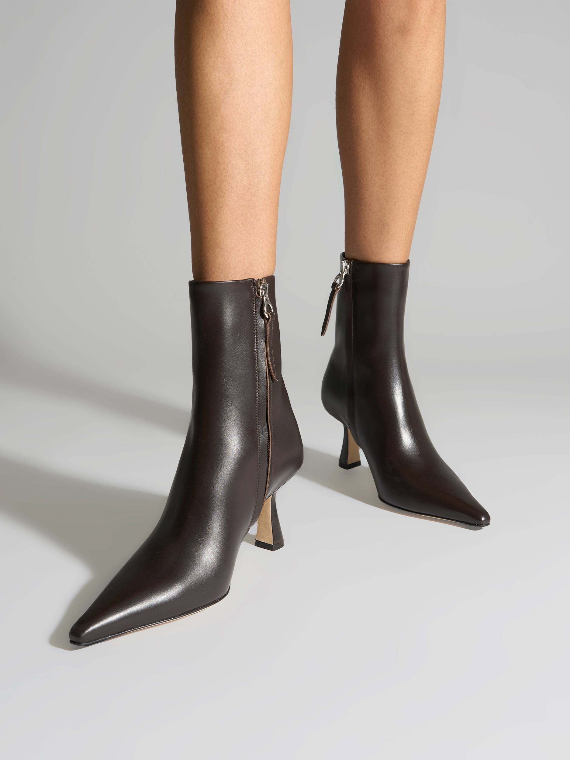Aeyde | Vivi Leather Ankle Boots Leather Ankle Boots for Women | Moka Calf | Pointed Toe | High Heel | On Feet