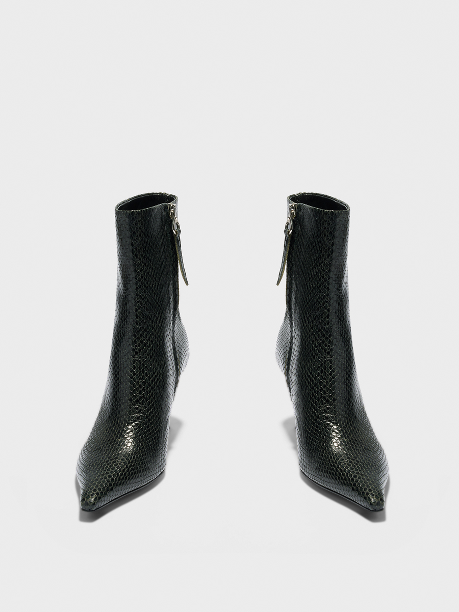 Aeyde | Vivi Leather Ankle Boots Leather Ankle Boots for Women | Moss Mini Snake | Pointed Toe | High Heel | Front View
