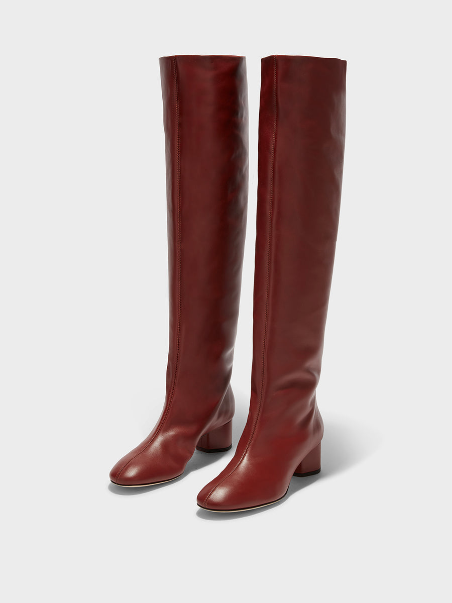 Aeyde | Willa Leather Over-Knee Boots Leather Knee High Boots for Women | Rust Calf | Round Toe | Mid Heel | On Feet
