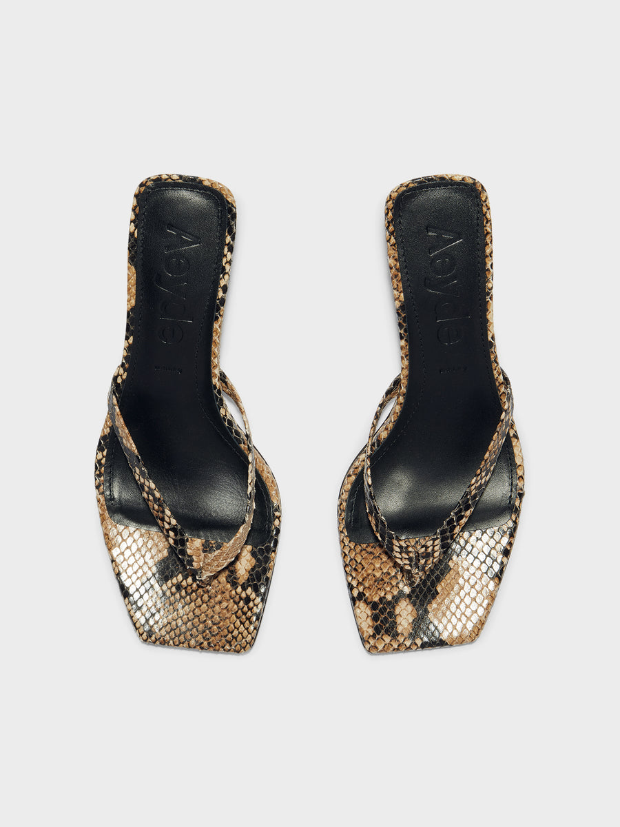 Aeyde | Wilma Leather Heeled Sandals for Women | Hazelnut Snake | Square Toe | Mid Heel | Front View