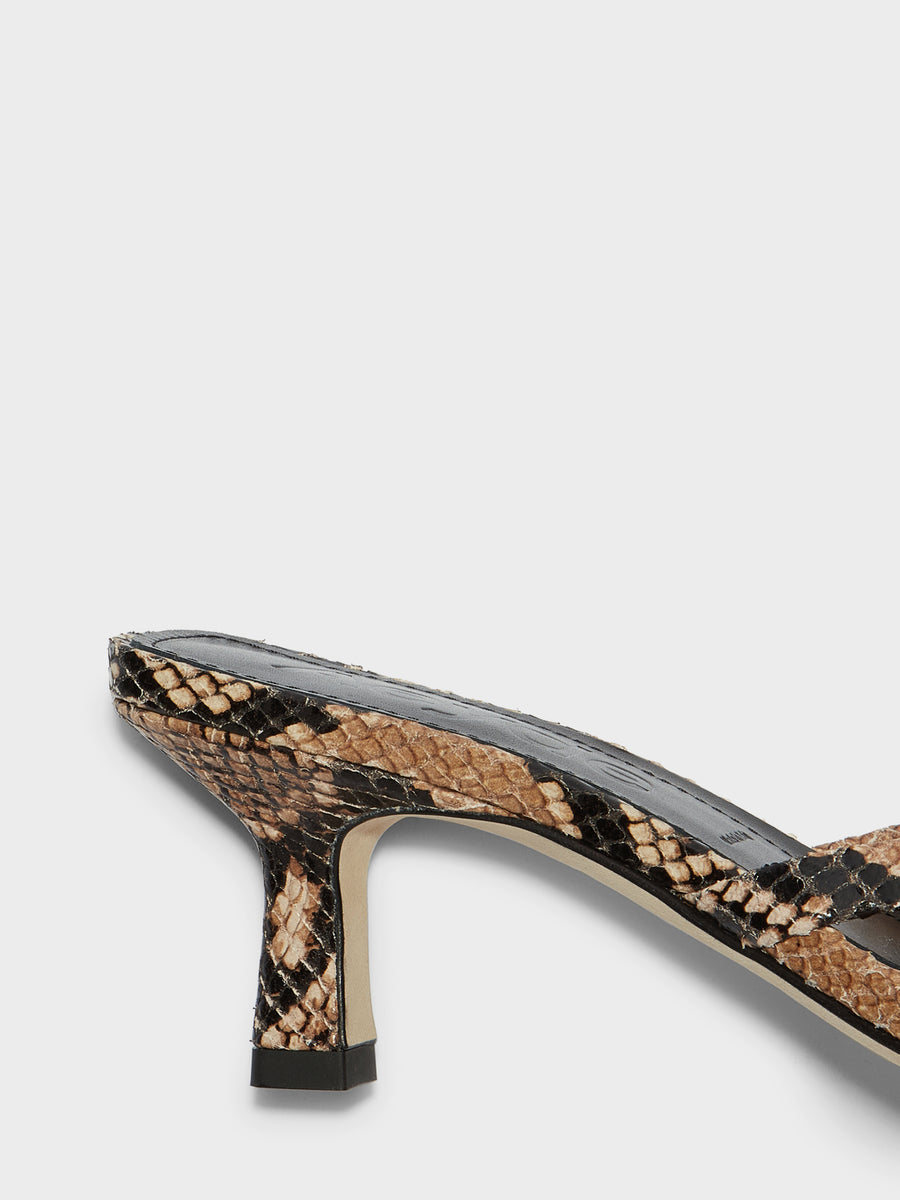 Aeyde | Wilma Leather Heeled Sandals for Women | Hazelnut Snake | Square Toe | Mid Heel | Heel Details