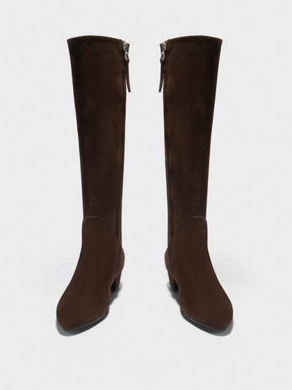 Aeyde | Yana Knee-High Boots Leather Knee High Boots for Women | Moka Suede | Round Toe | Low Heel | Front View