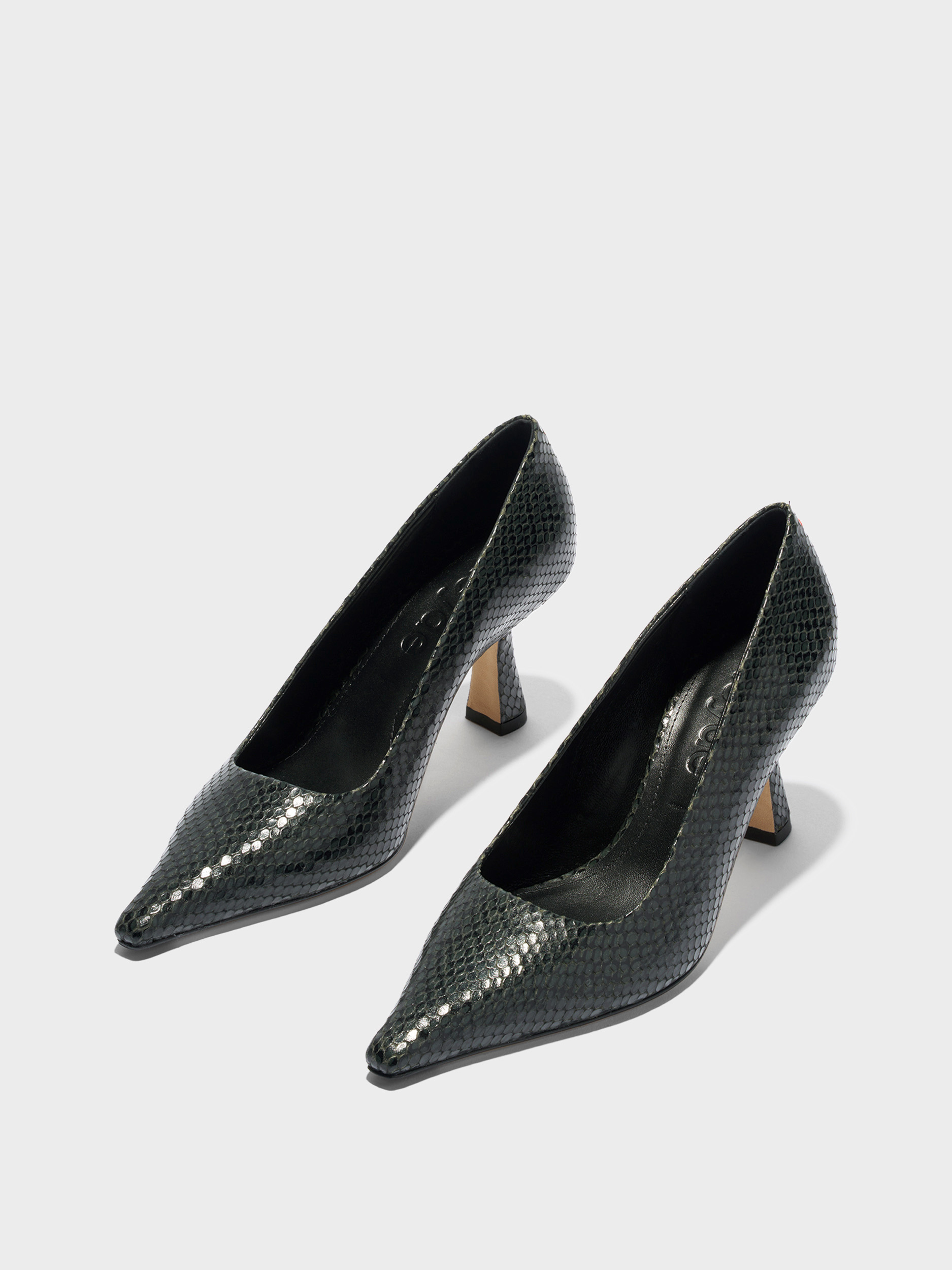 Aeyde | Zandra Chiseled Pumps Leather Pumps for Women | Moss Mini Snake | Pointed Toe | High Heel | Luxury Materials | Handmade in Italy