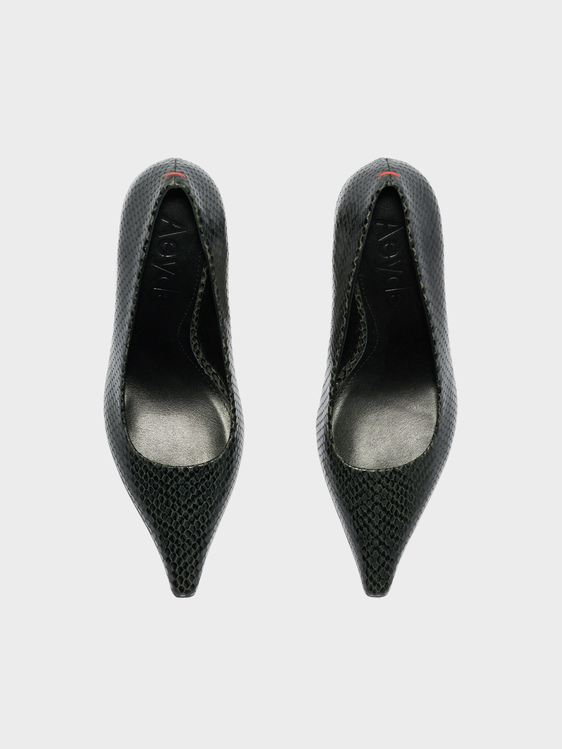 Aeyde | Zandra Chiseled Pumps Leather Pumps for Women | Moss Mini Snake | Pointed Toe | High Heel | Front View