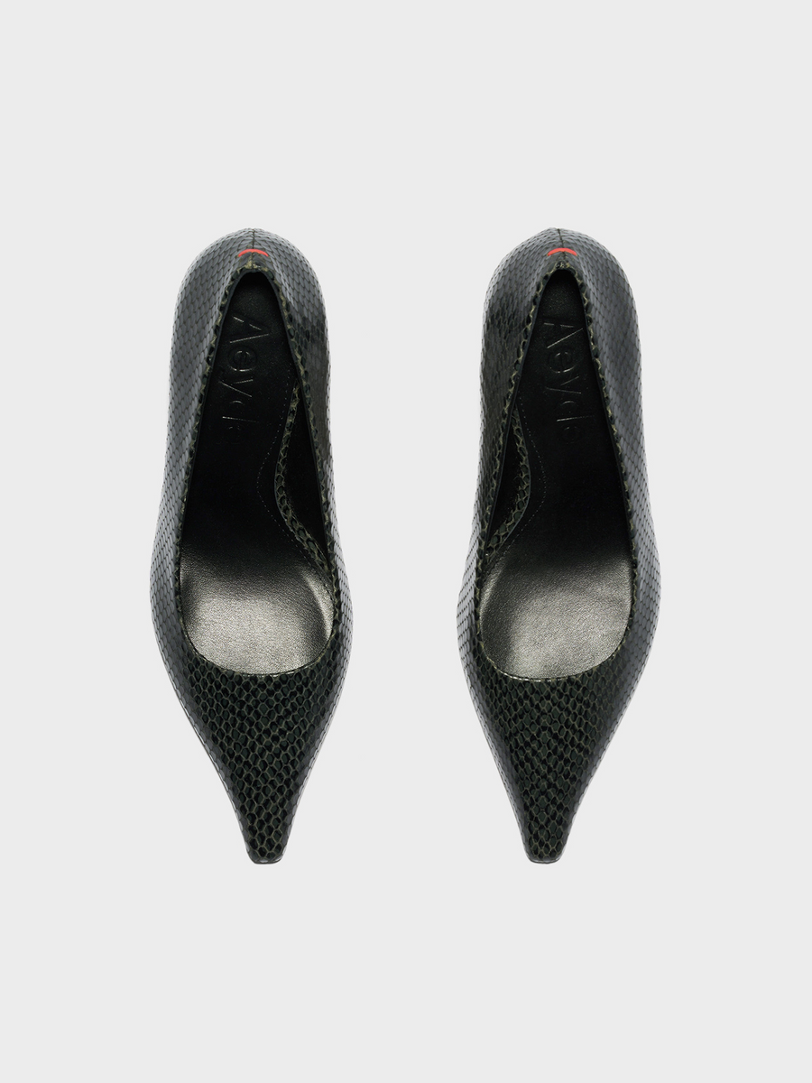 Aeyde | Zandra Chiseled Pumps Leather Pumps for Women | Moss Mini Snake | Pointed Toe | High Heel | Front View