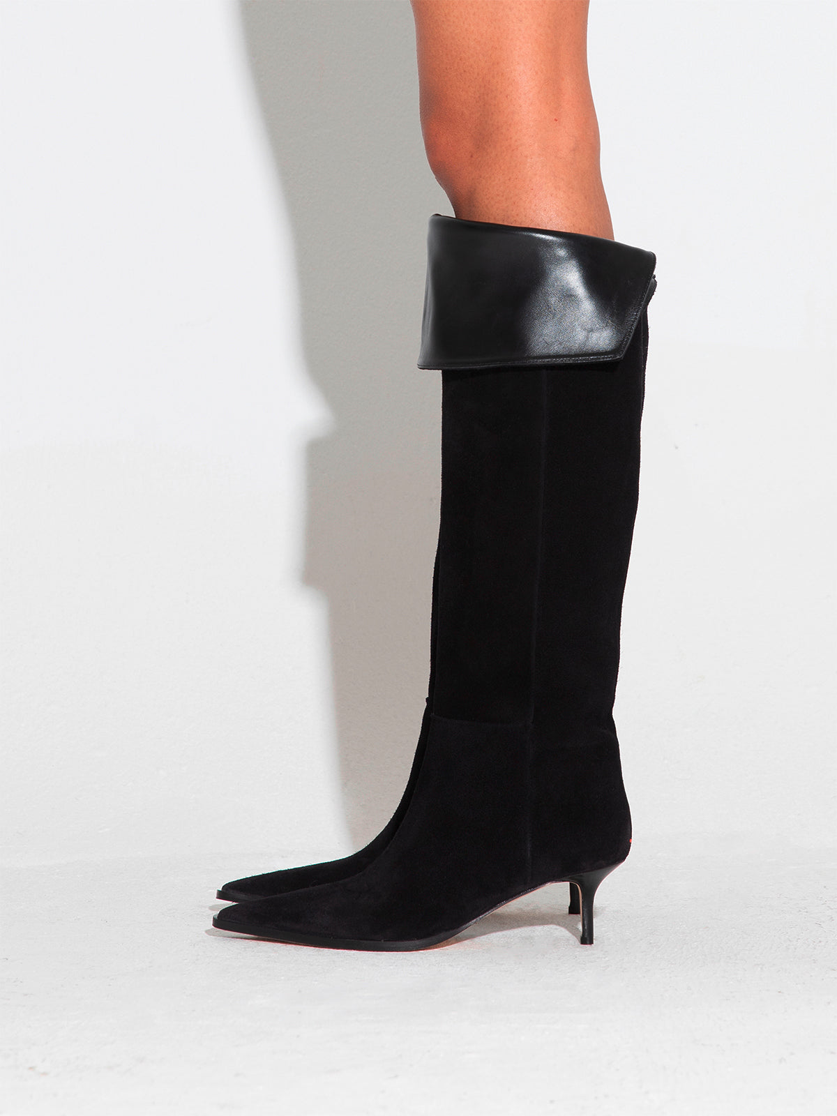 Aeyde | Zsazsa Suede Over-Knee Boots Leather Knee High Boots for Women | Black Suede | Pointed Toe | Mid Heel