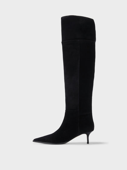 Aeyde | Zsazsa Suede Over-Knee Boots Leather Knee High Boots for Women | Black Suede | Pointed Toe | Mid Heel | Side View