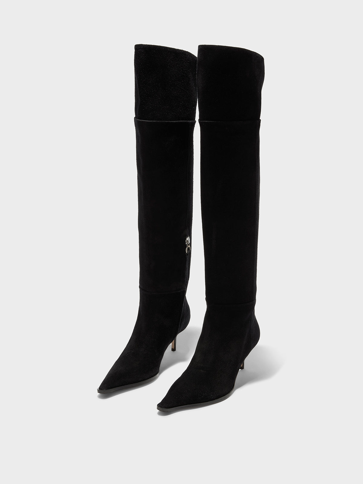 Aeyde | Zsazsa Suede Over-Knee Boots Leather Knee High Boots for Women | Black Suede | Pointed Toe | Mid Heel | On Feet