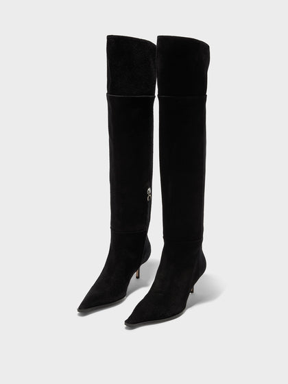 Aeyde | Zsazsa Suede Over-Knee Boots Leather Knee High Boots for Women | Black Suede | Pointed Toe | Mid Heel | On Feet