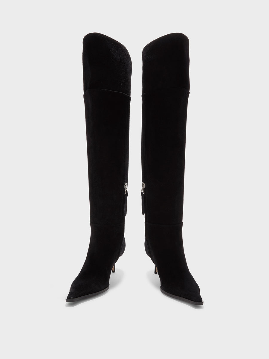 Aeyde | Zsazsa Suede Over-Knee Boots Leather Knee High Boots for Women | Black Suede | Pointed Toe | Mid Heel | Front View