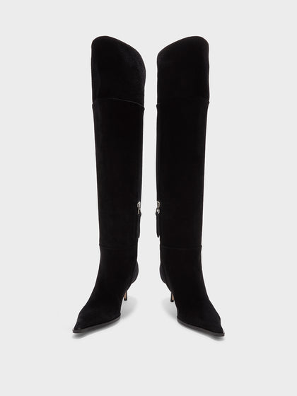 Aeyde | Zsazsa Suede Over-Knee Boots Leather Knee High Boots for Women | Black Suede | Pointed Toe | Mid Heel | Front View