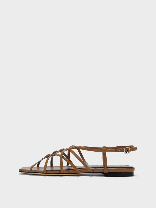 Aeyde | Anisa Leather Flat Sandals for Women | Tobacco Nappa | Square Toe | Flat Heel | Side View