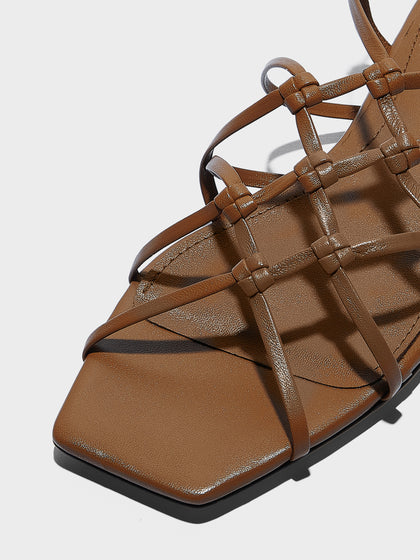 Aeyde | Anisa Leather Flat Sandals for Women | Tobacco Nappa | Square Toe | Flat Heel | Heel Details