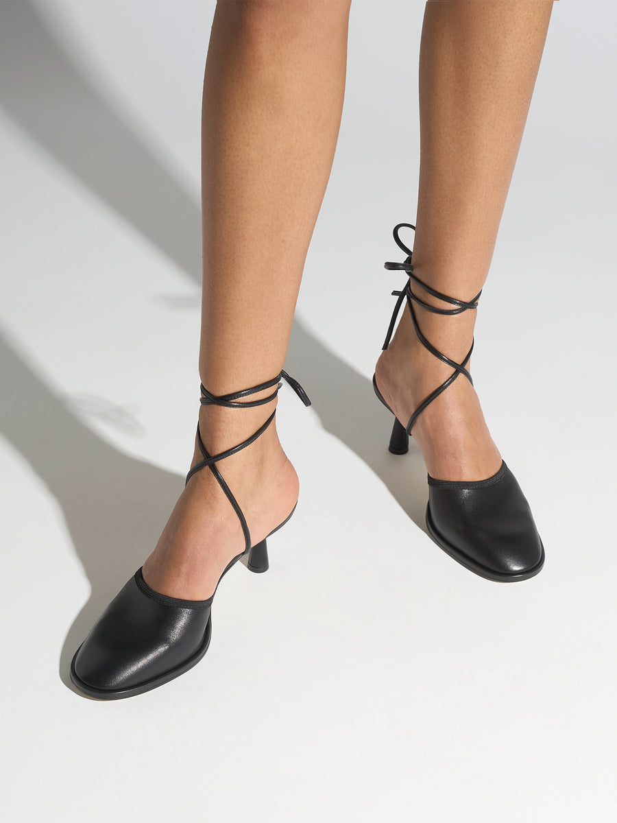 Aeyde | Farah Glove Leather Heeled Sandals for Women | Black Nappa | Round Toe | Mid Heel | On Feet