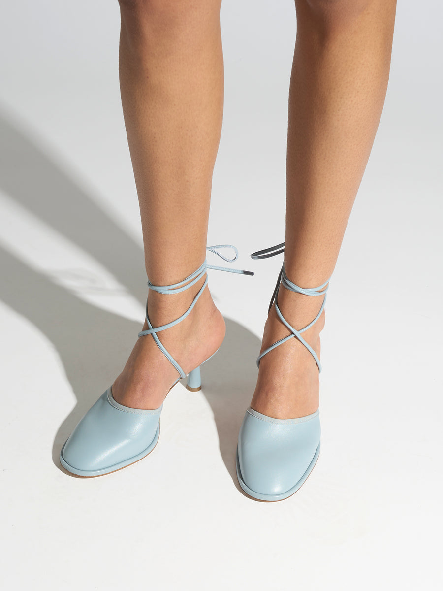 Aeyde | Farah Glove Leather Heeled Sandals for Women | Glass Nappa | Round Toe | Mid Heel | On Feet