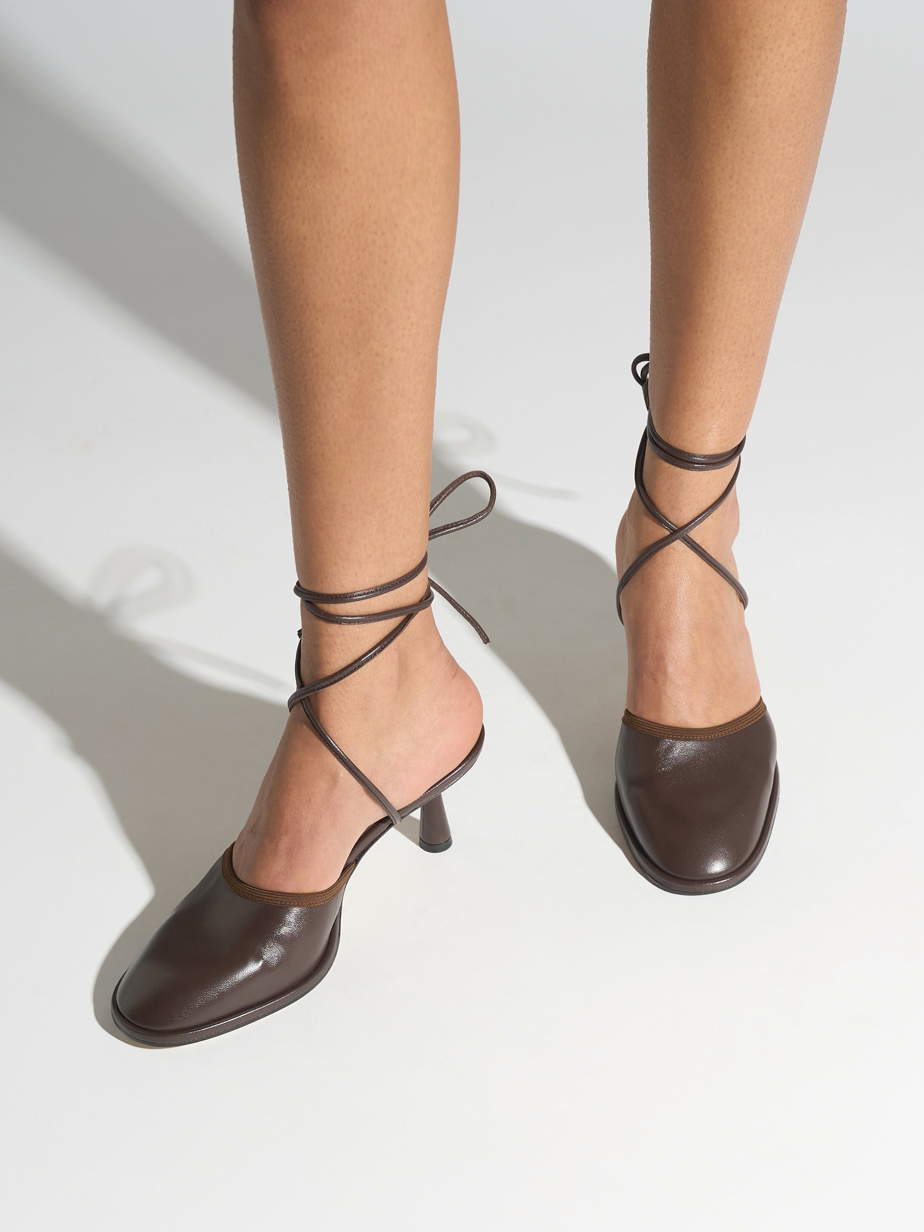 Aeyde | Farah Glove Leather Heeled Sandals for Women | Moka Nappa | Round Toe | Mid Heel | On Feet