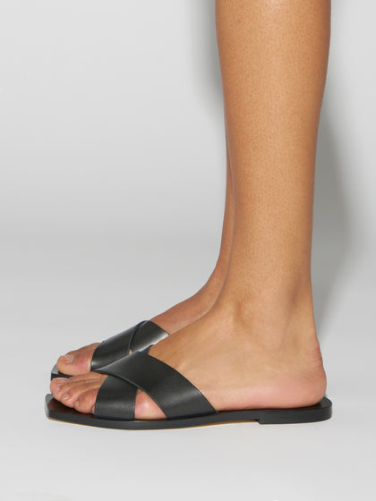 Aeyde | Faye Leather Flat Sandals for Women | Black Calf | Square Toe | Flat Heel | How to Style