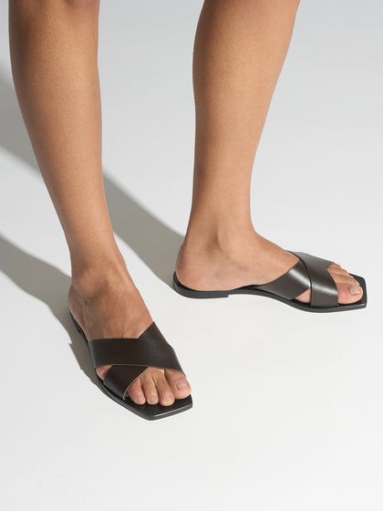 Aeyde | Faye Leather Flat Sandals for Women | Moka Calf | Square Toe | Flat Heel | On Feet