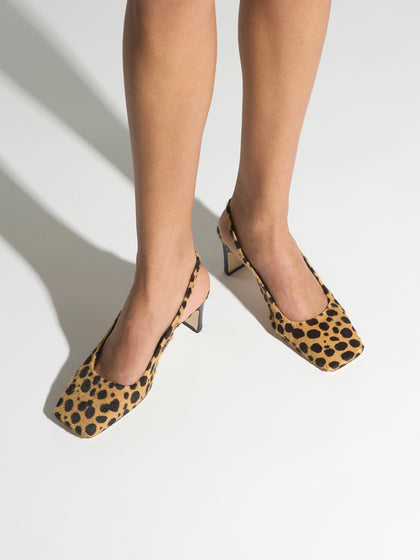 Aeyde | Liza Leather Pumps for Women | Beige/Black Ponyhair | Square Toe | Low Heel | On Feet