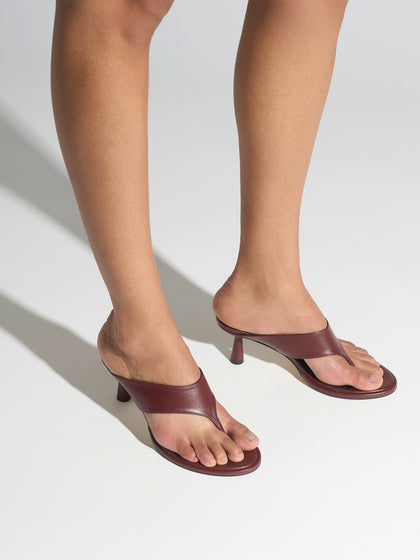 Aeyde | Olenna Leather Heeled Sandals for Women | Port Nappa | Round Toe | Mid Heel | On Feet