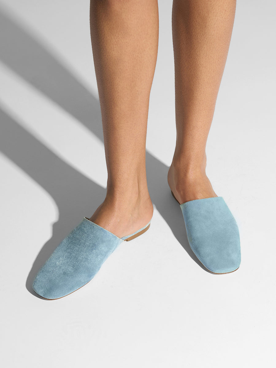Aeyde | Rega Leather House Slippers for Women | Glass Suede | Round Toe | Flat Heel | On Feet