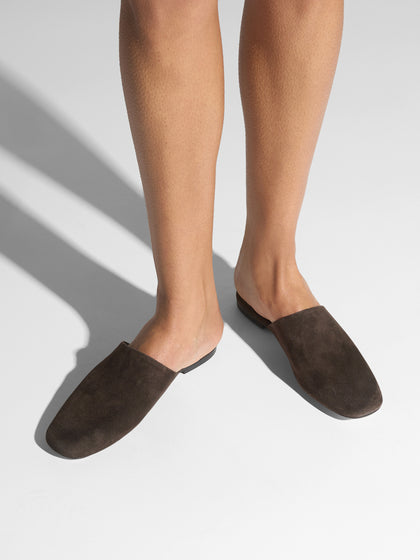 Aeyde | Rega Leather House Slippers for Women | Black Suede | Round Toe | Flat Heel | On Feet