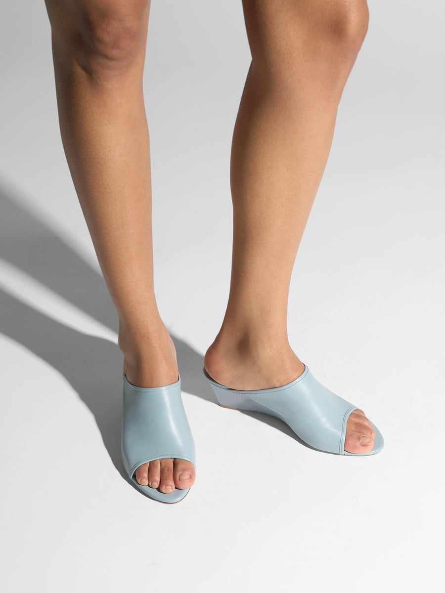 Aeyde | Suzanne Leather Heeled Sandals for Women | Glass Nappa | Round Toe | Mid Heel | On Feet