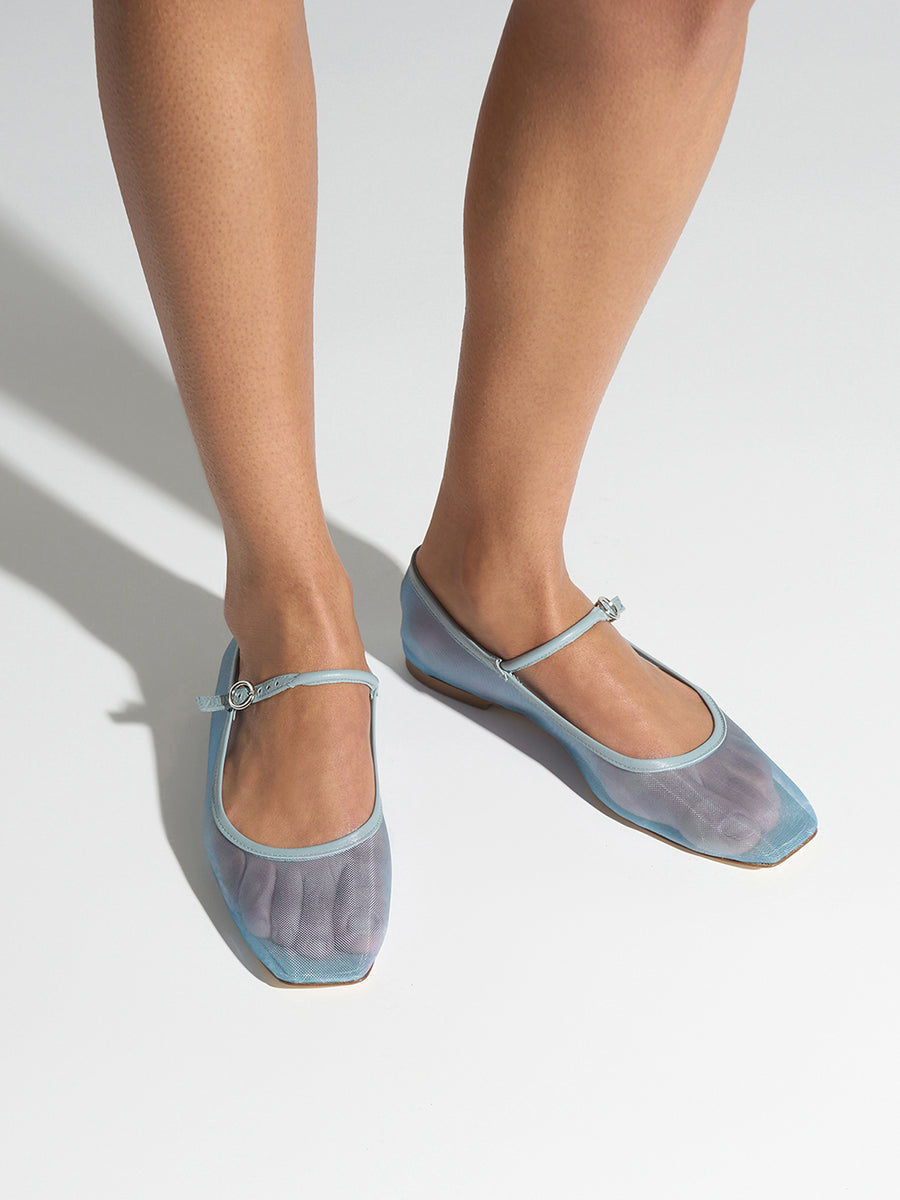 Aeyde | Uma Leather Flats for Women | Glass Mesh/Nappa | Square Toe | Flat Heel | On Feet