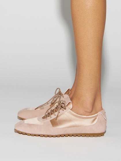 Aeyde | Uma Sneaker Leather Flats for Women | Peach Satin/Suede | Square Toe | Flat Heel | How to Style
