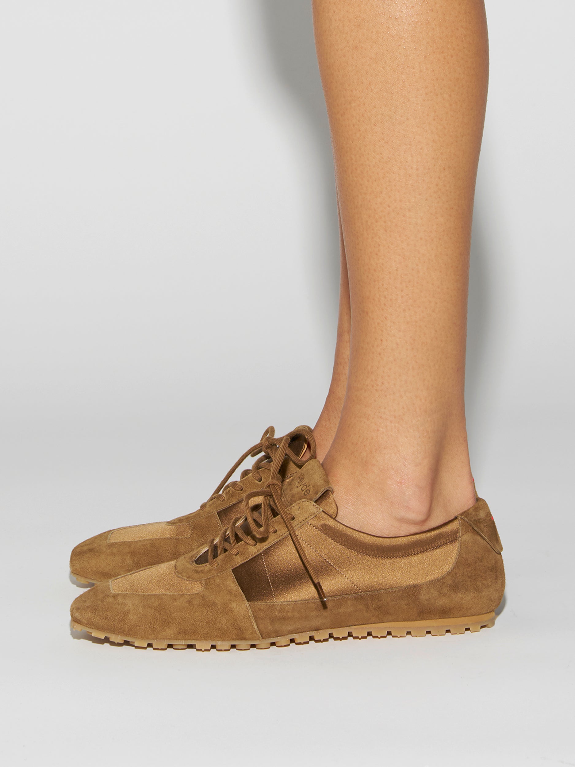 Aeyde | Uma Sneaker Leather Flats for Women | Tobacco Satin/Suede | Square Toe | Flat Heel | How to Style