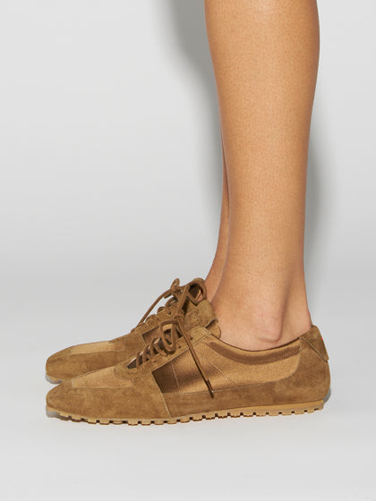 Aeyde | Uma Sneaker Leather Flats for Women | Tobacco Satin/Suede | Square Toe | Flat Heel | How to Style