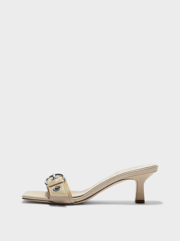 Aeyde | Gilly Leather Heeled Sandals for Women | Sand Nappa | Square Toe | Mid Heel | Side View