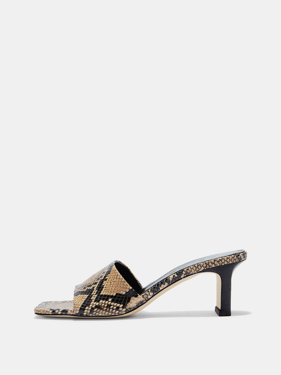Aeyde | Jessie Leather Heeled Sandals for Women | Hazelnut Snake | Square Toe | Mid Heel | Side View