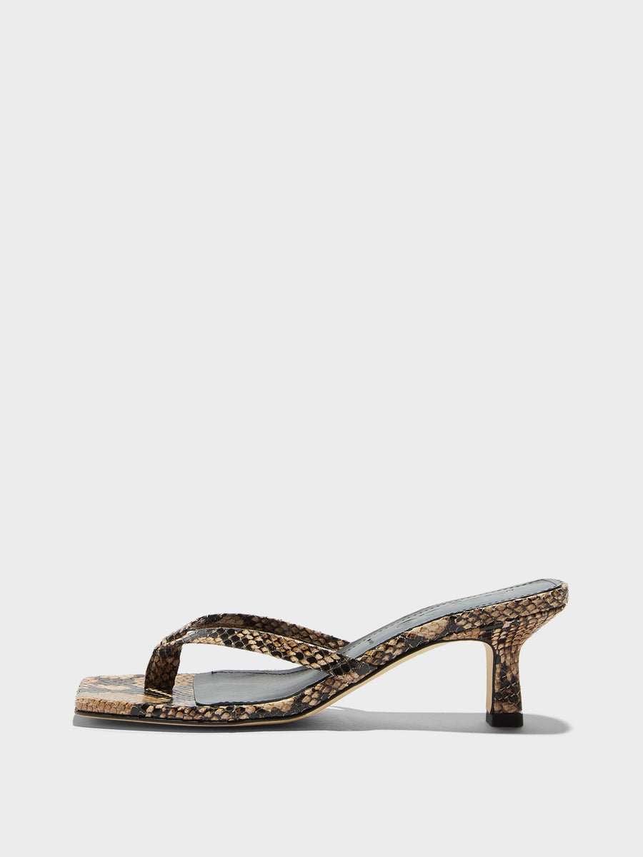 Aeyde | Wilma Leather Heeled Sandals for Women | Hazelnut Snake | Square Toe | Mid Heel | Side View