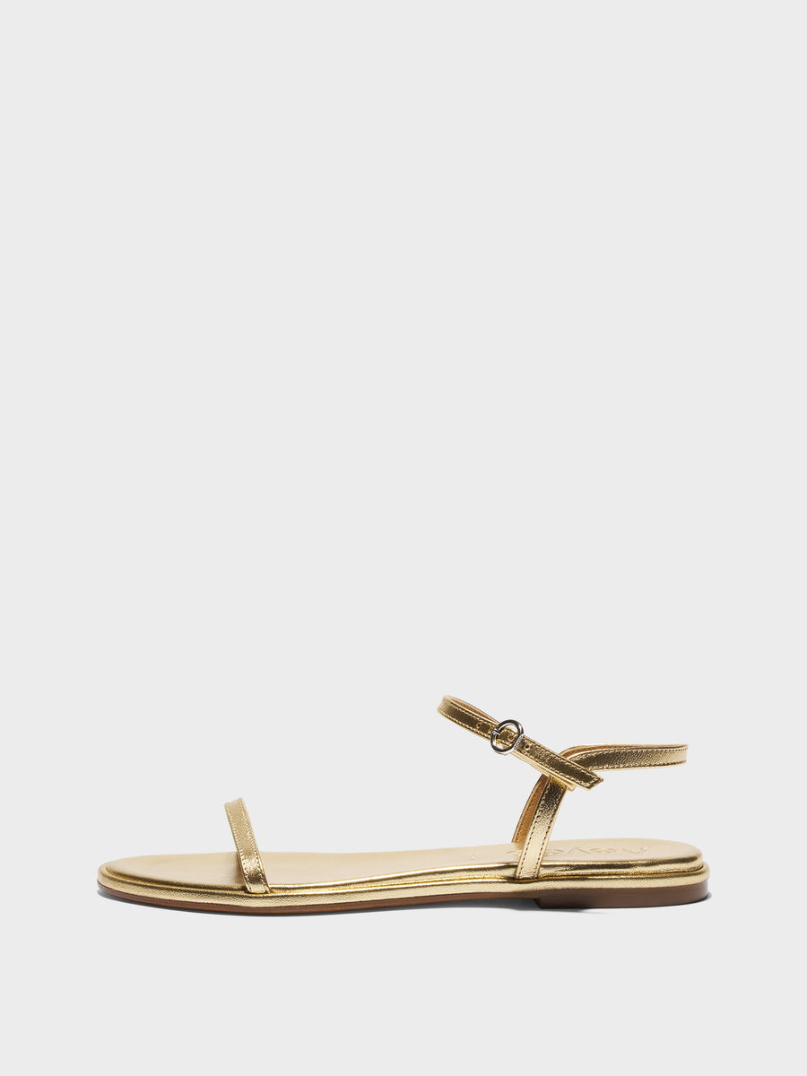 Aeyde | Nettie Leather Flat Sandals for Women | Gold Laminated Nappa | Round Toe | Flat Heel | Side View