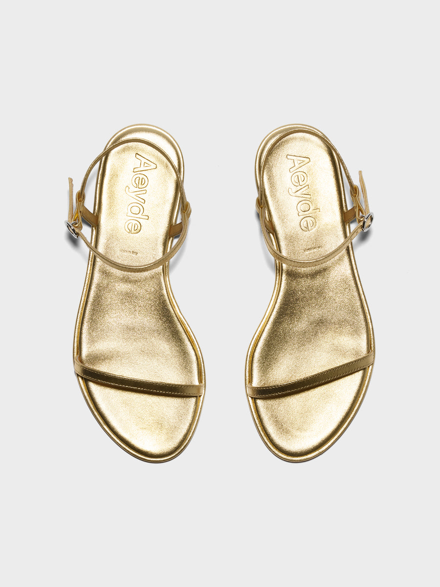 Aeyde | Nettie Leather Flat Sandals for Women | Gold Laminated Nappa | Round Toe | Flat Heel | Heel Details