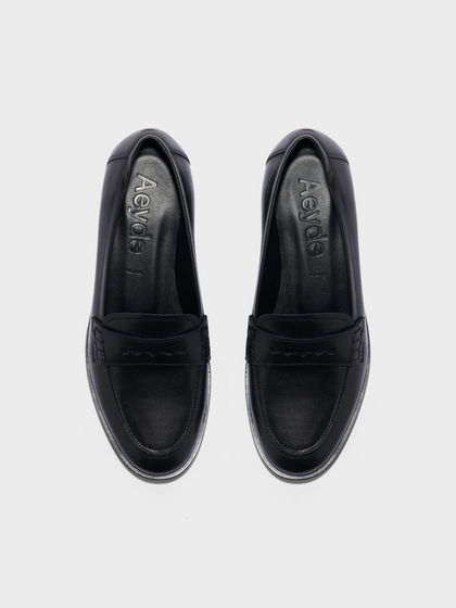Aeyde | Oskar Leather Loafers Leather Flats for Women | Moka Calf | Round Toe | Flat Heel | Heel Details