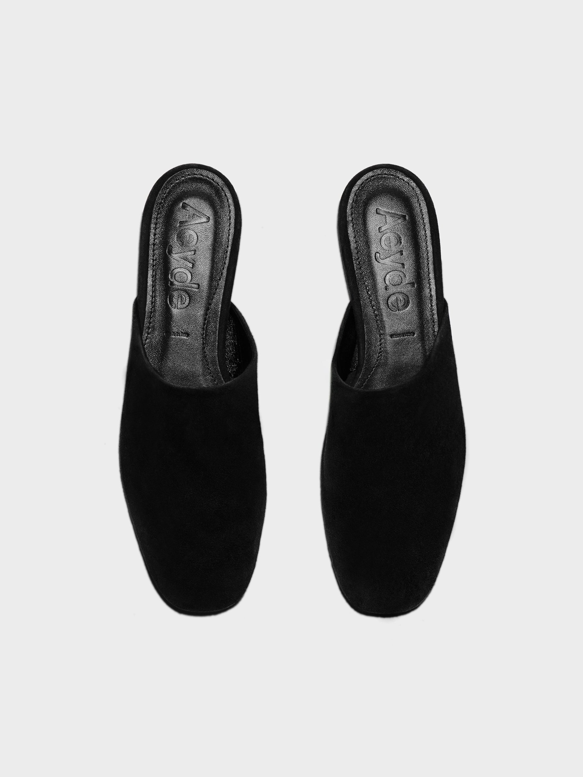 Aeyde | Rega Leather House Slippers for Women | Black Suede | Round Toe | Flat Heel | Front View