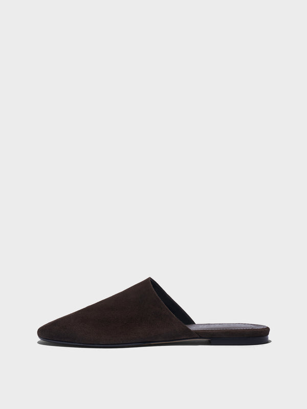 Aeyde | Rega Leather House Slippers for Women | Black Suede | Round Toe | Flat Heel | Side View