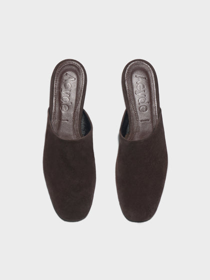 Aeyde | Rega Leather House Slippers for Women | Black Suede | Round Toe | Flat Heel | Front View