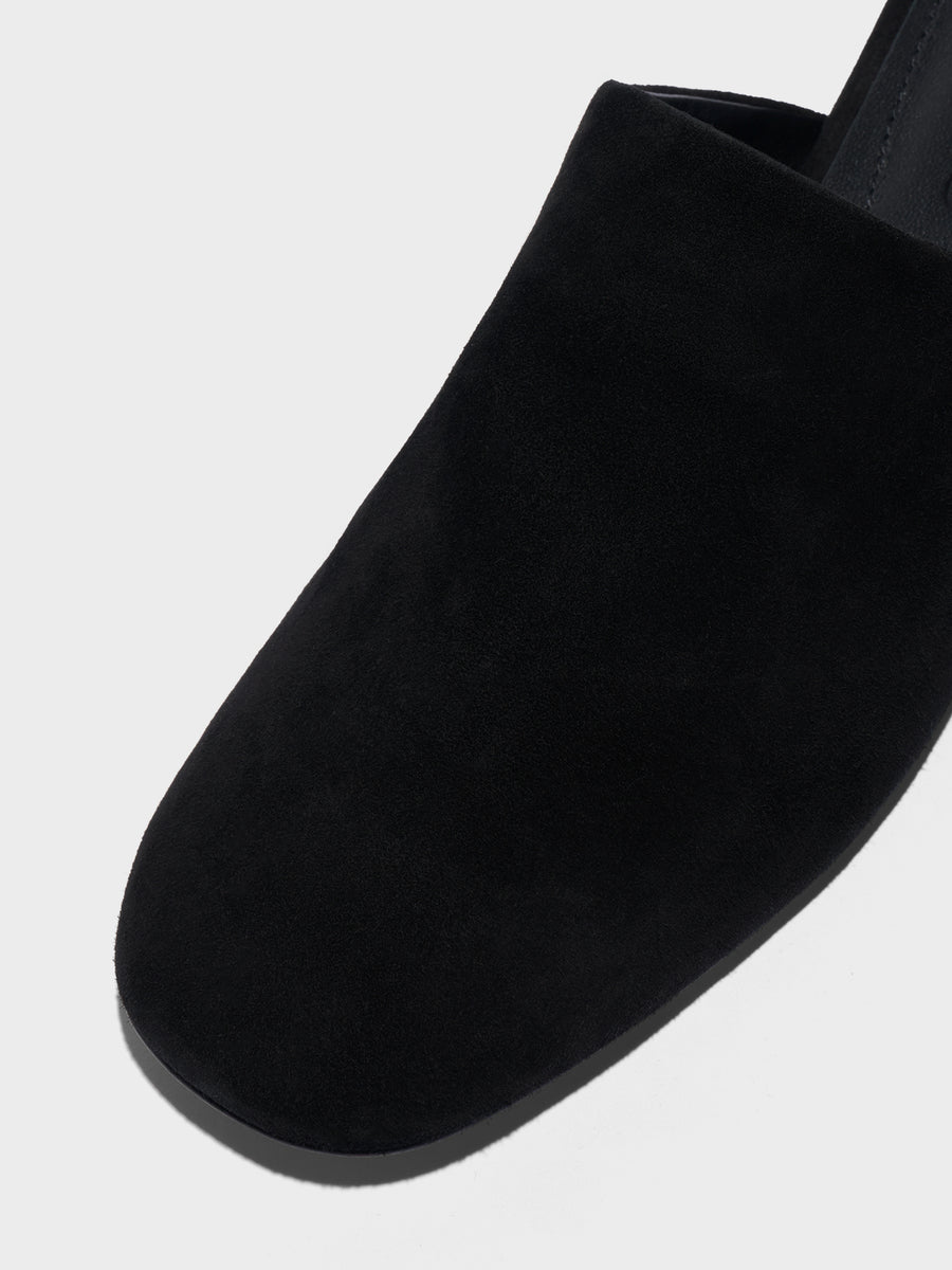 Aeyde | Rega Leather House Slippers for Women | Black Suede | Round Toe | Flat Heel | Heel Details