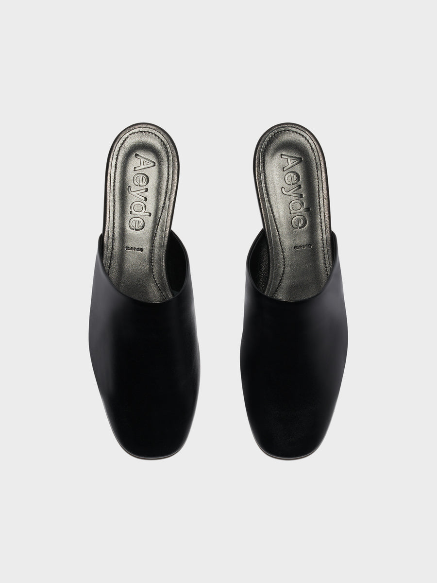 Aeyde | Rega Leather House Slippers for Women | Black Nappa | Round Toe | Flat Heel | Front View