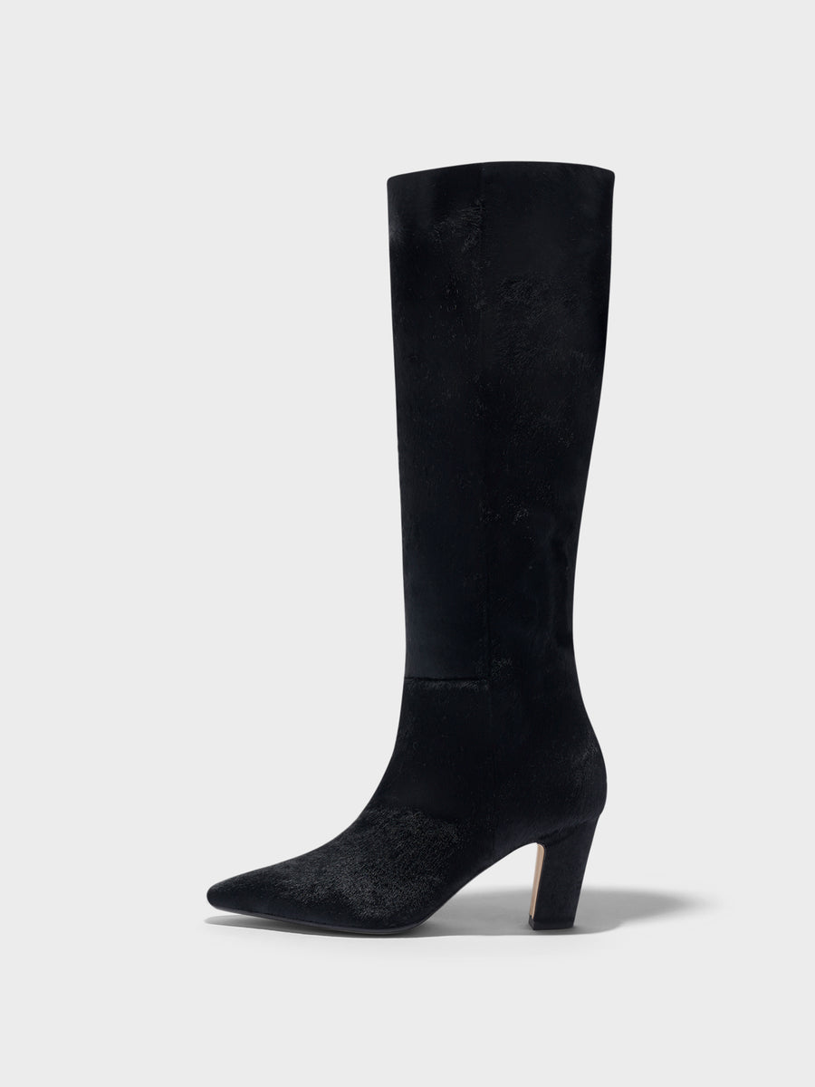 Aeyde | Silva Knee-High Boots Leather Knee High Boots for Women | Black Ponyhair | Square Toe | High Heel | Side View