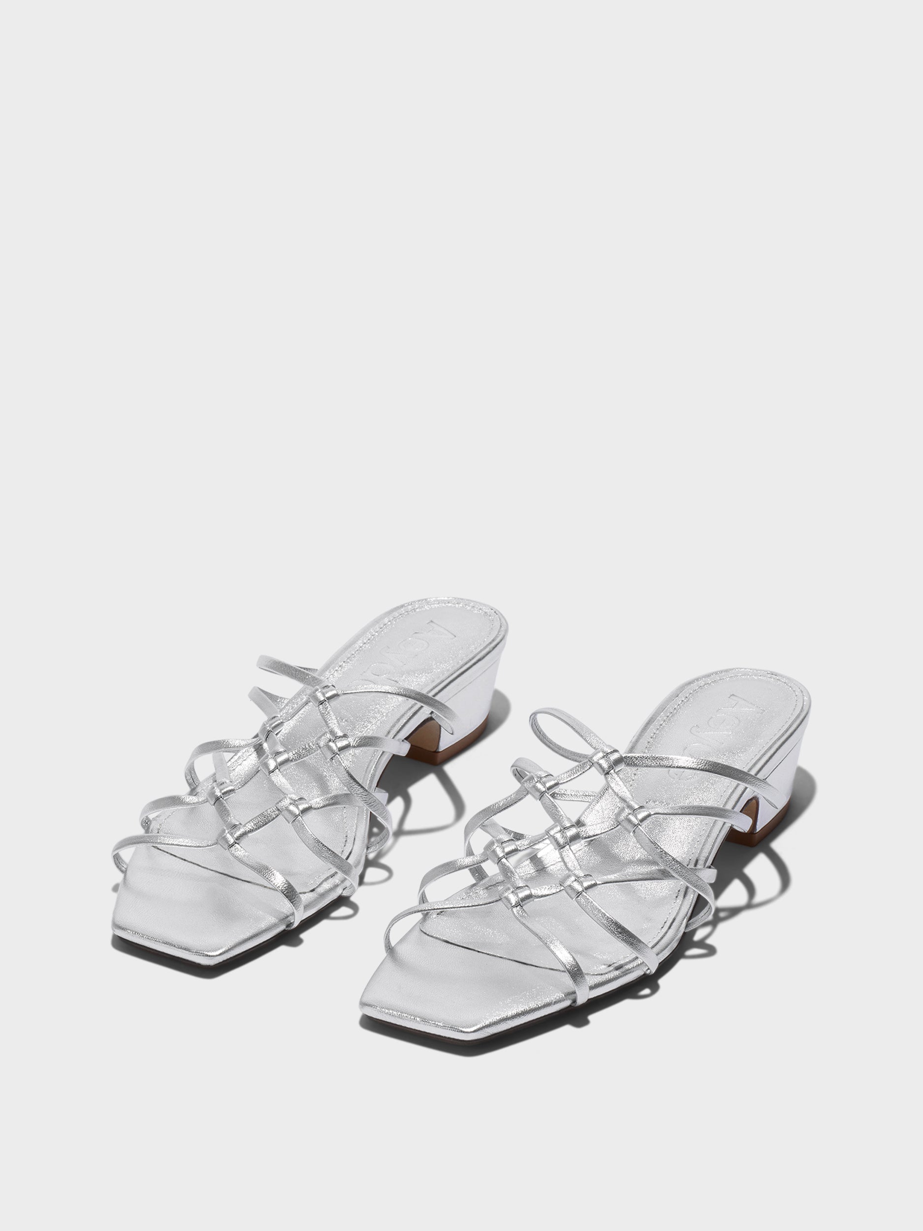 Aeyde | Talha Leather Heeled Sandals for Women | Silver Nappa | Square Toe | Low Heel | Luxury Materials | Handmade in Italy