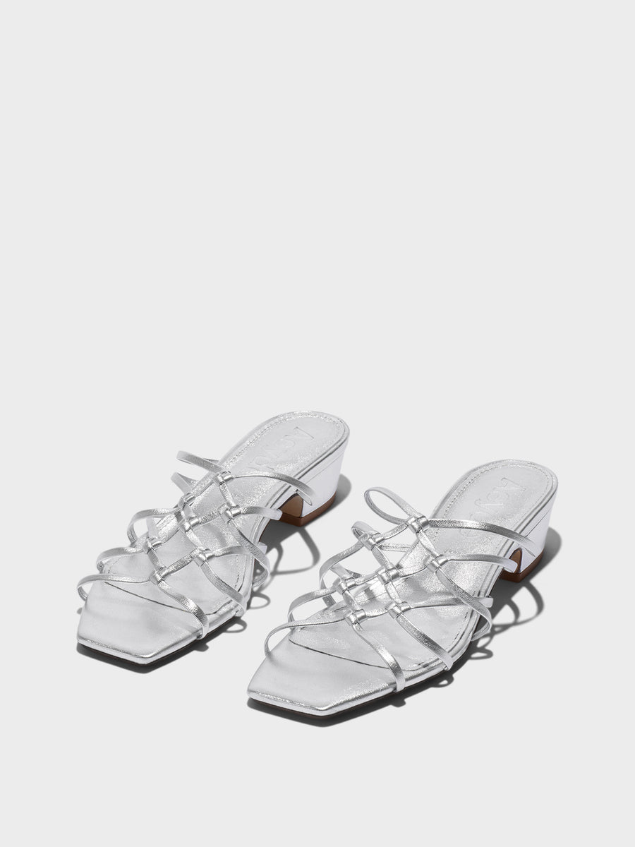 Aeyde | Talha Leather Heeled Sandals for Women | Silver Nappa | Square Toe | Low Heel | Luxury Materials | Handmade in Italy