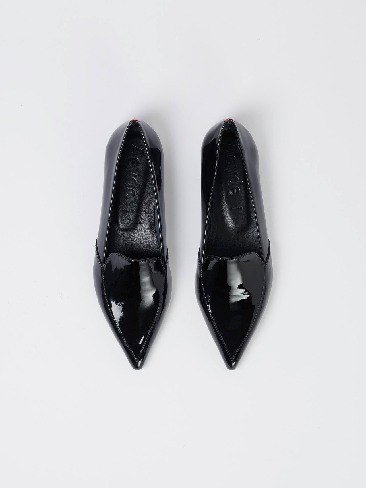Aeyde | Martha Black Patent Leather Loafers, Flats for Women | Black Patent | Pointed Toe | Flat Heel | Heel Details